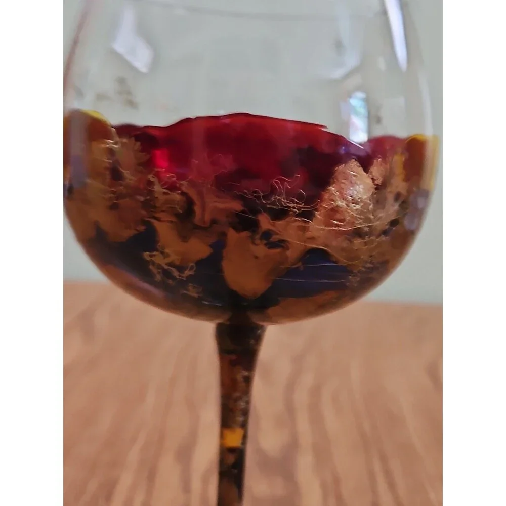 HAND PAINTED RED MULTI COLOR /GOLD DESIGN-LARGE  24 OZ BALLOON WINE GOBLET